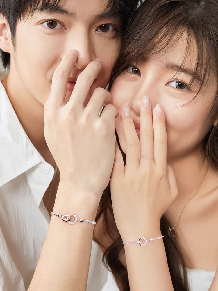 ペアブレスレット 二重リング煌めき編み込みチェーンブレスレット