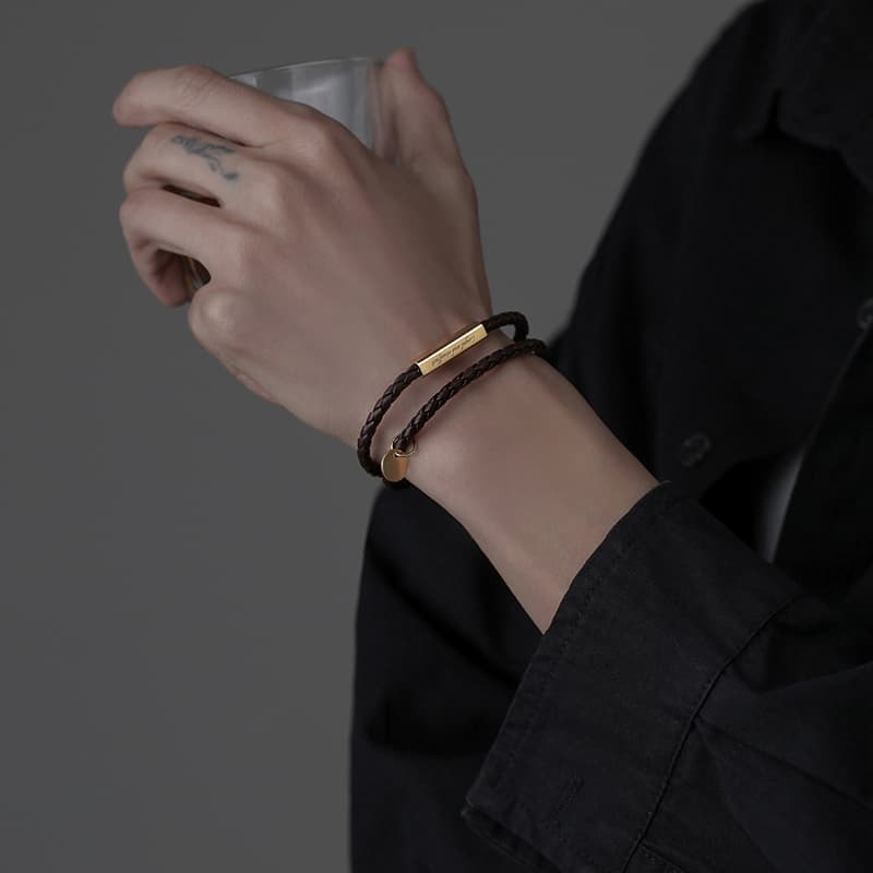 ペアブレスレット レザー編込みメダリオン