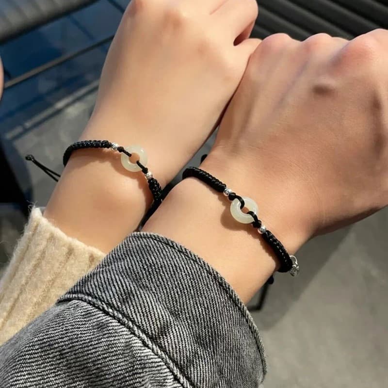 ペアブレスレット 天然石円形モチーフ編み込みペアブレスレット