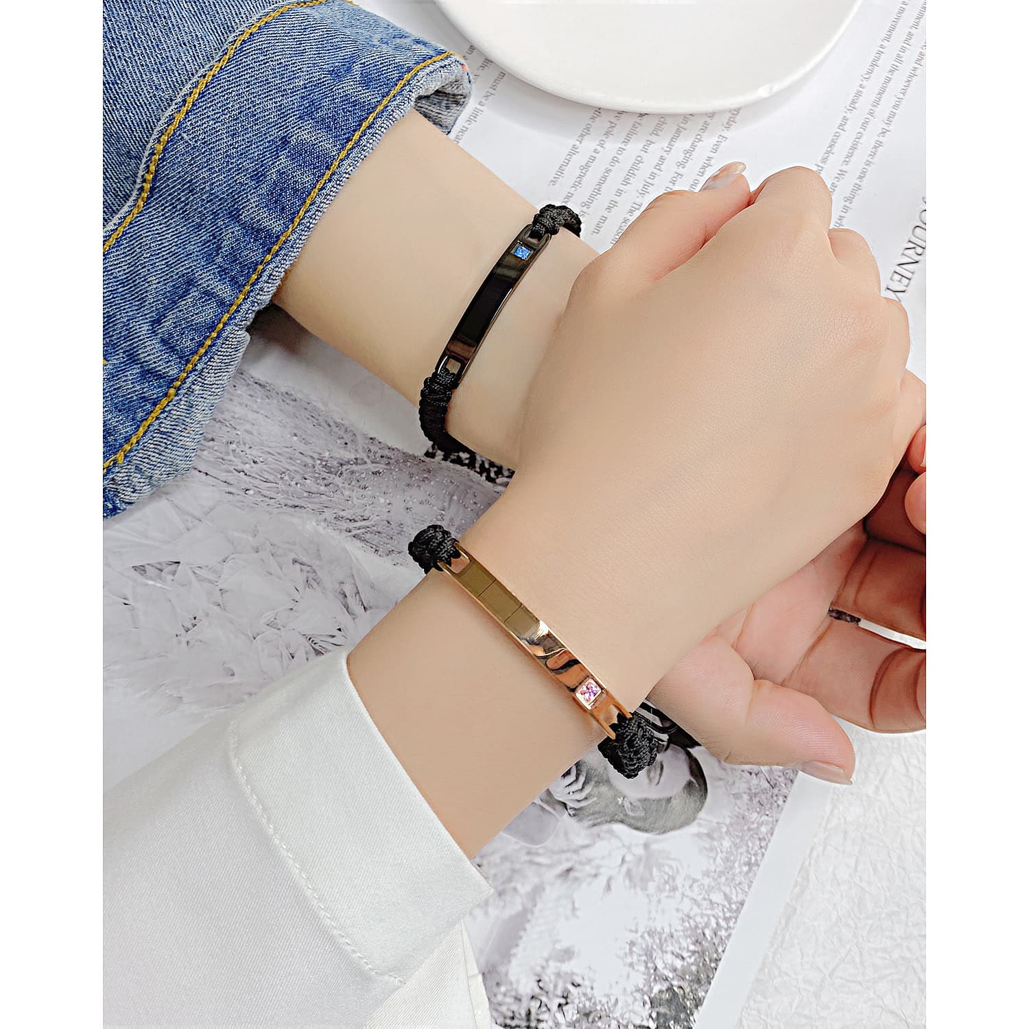 ペアブレスレットセット シルバープレートと紐の調和ブレスレット