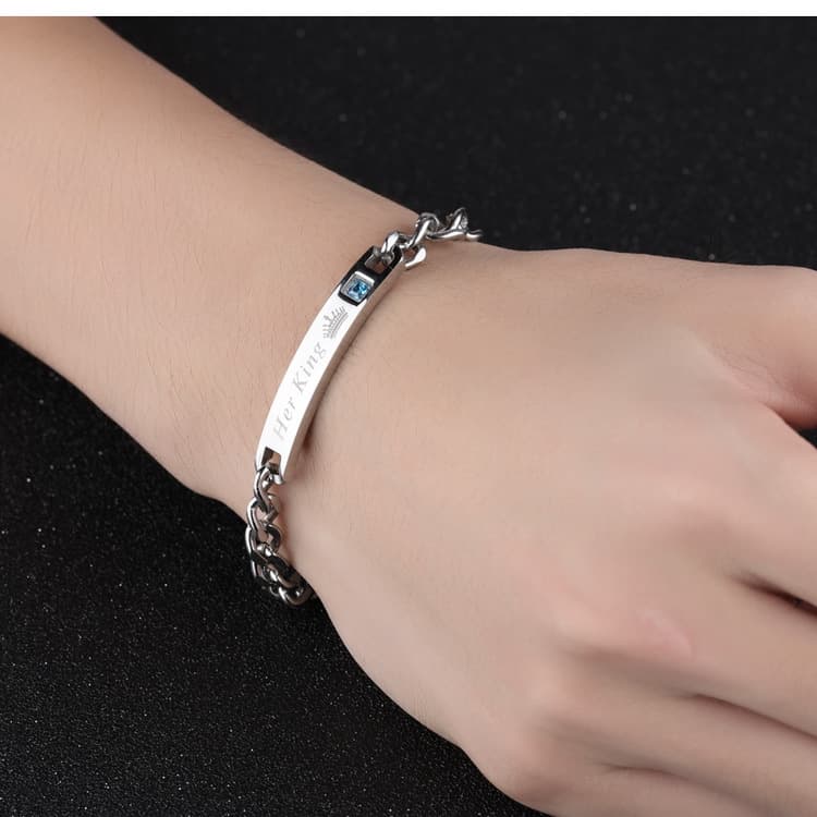 ペアブレスレット 王様と女王様刻印宝石付き喜平チェーンブレスレット