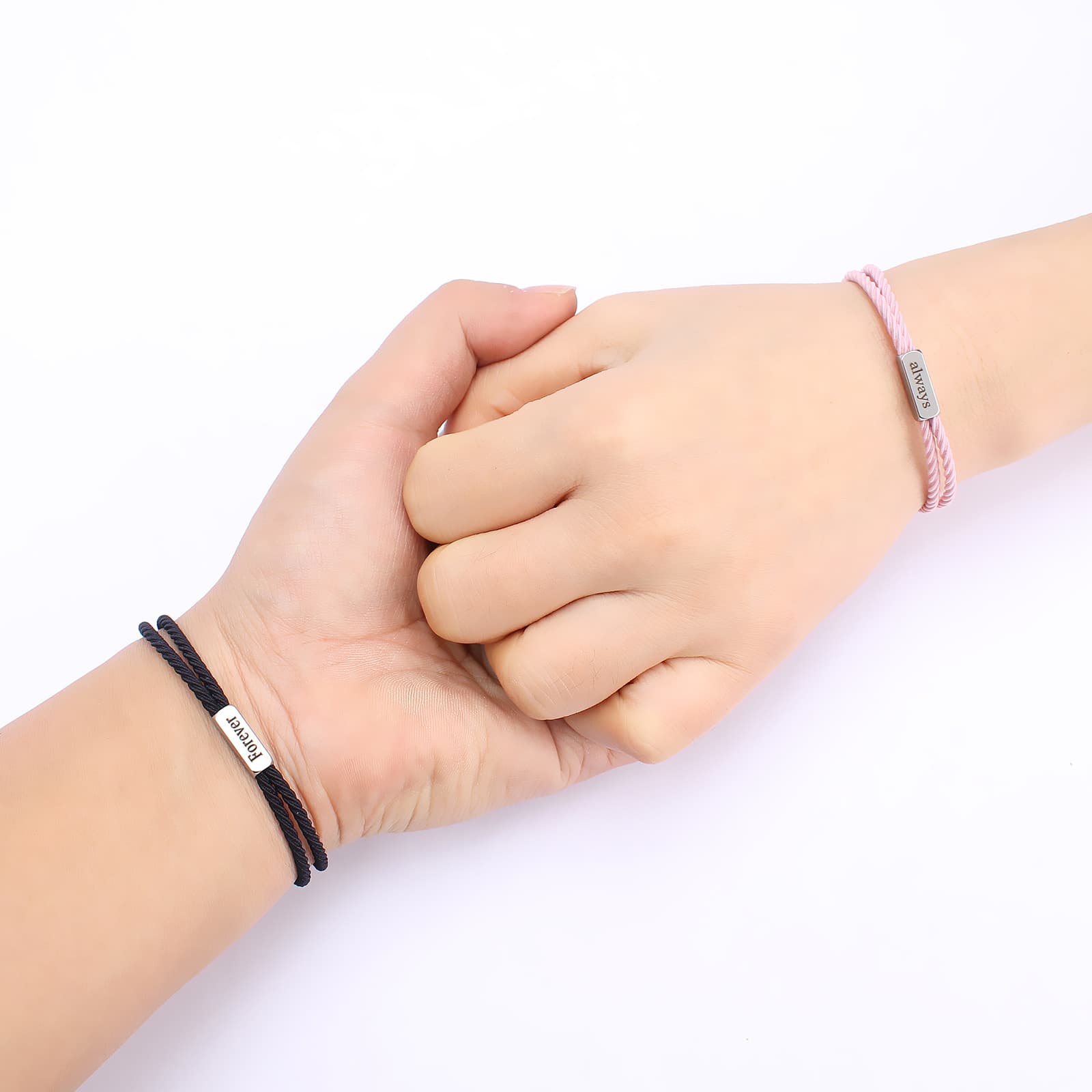 ペアブレスレット 永遠と常に刻印プレート付き編み込み紐ブレスレット