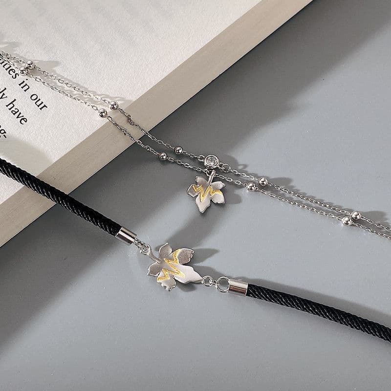 ペアブレスレット 花モチーフ付き二連チェーンブレスレット